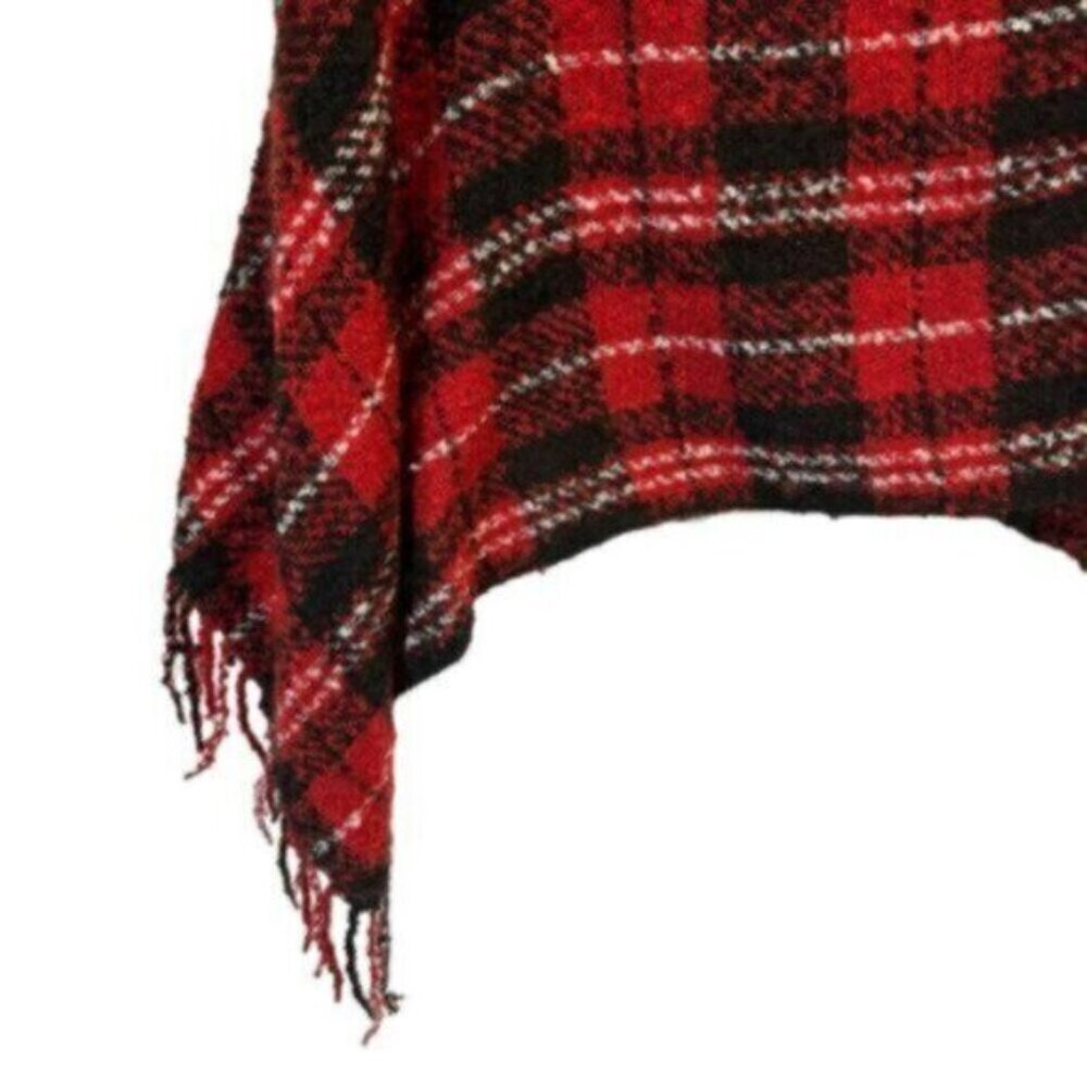 Black & Red Plaid Fringed Poncho One Size Fits Small Medium - Picture 2 of 6